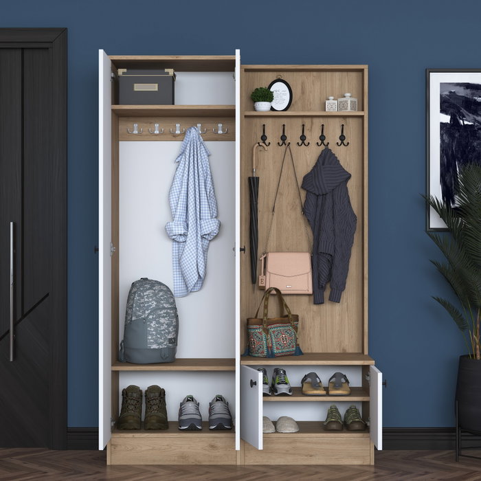 Hanah Home P6 - M5 - 2423 Recibidor con Perchero Blanco y Nogal 119.6x182.8x35.5 cm